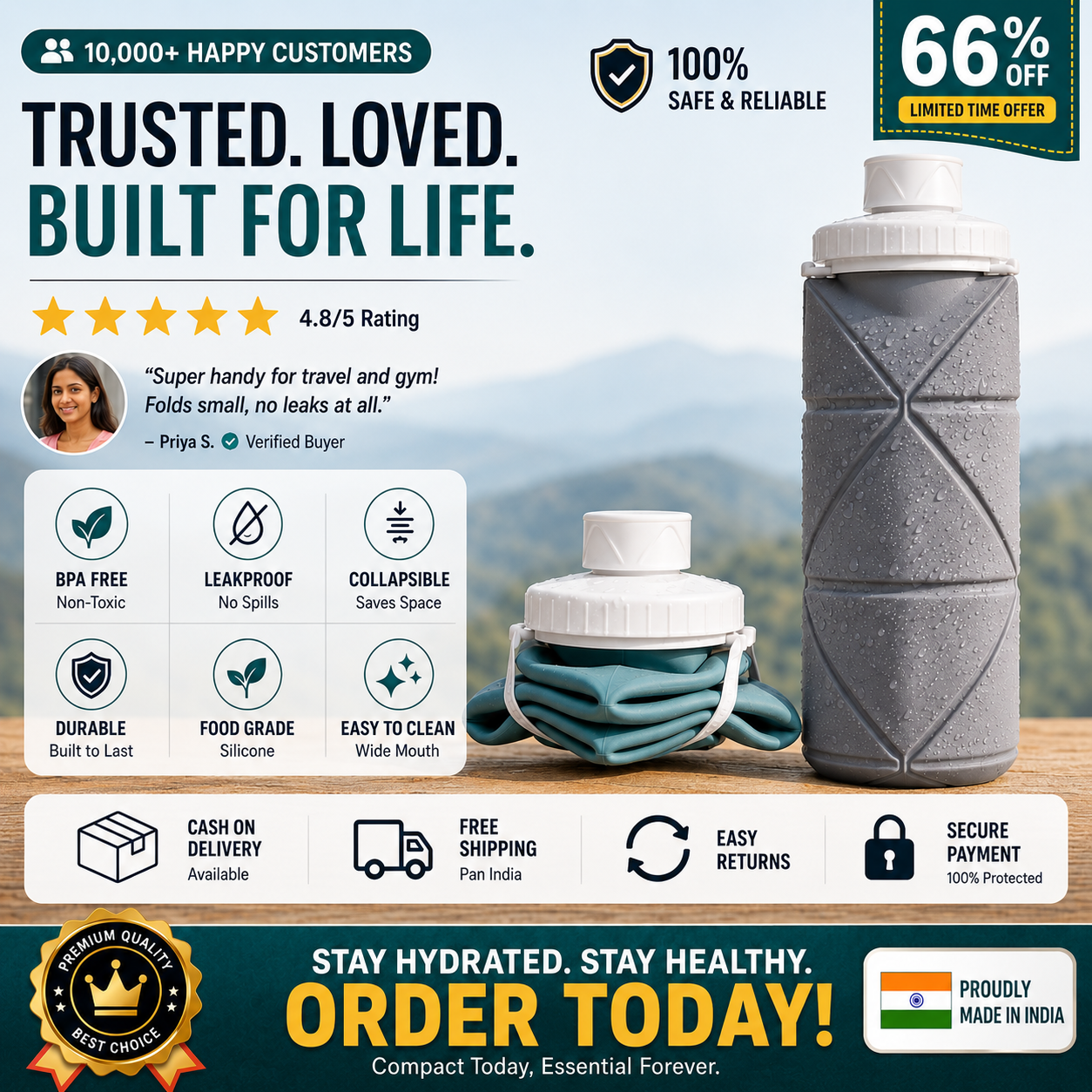 Collapsible Sports Water Bottle – Foldable & Leakproof Design