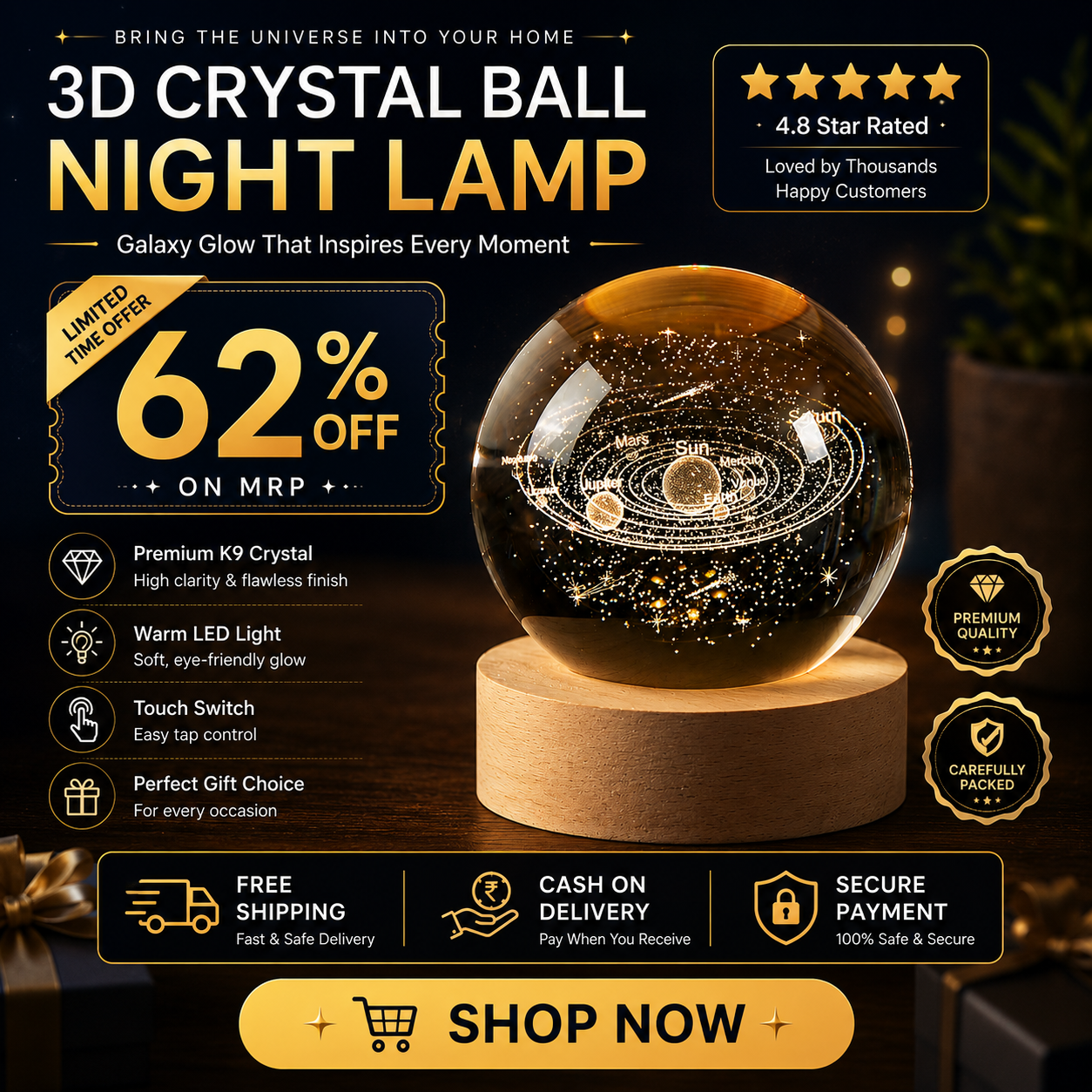 3D Crystal Ball Night Lamp – Galaxy Glow Decor
